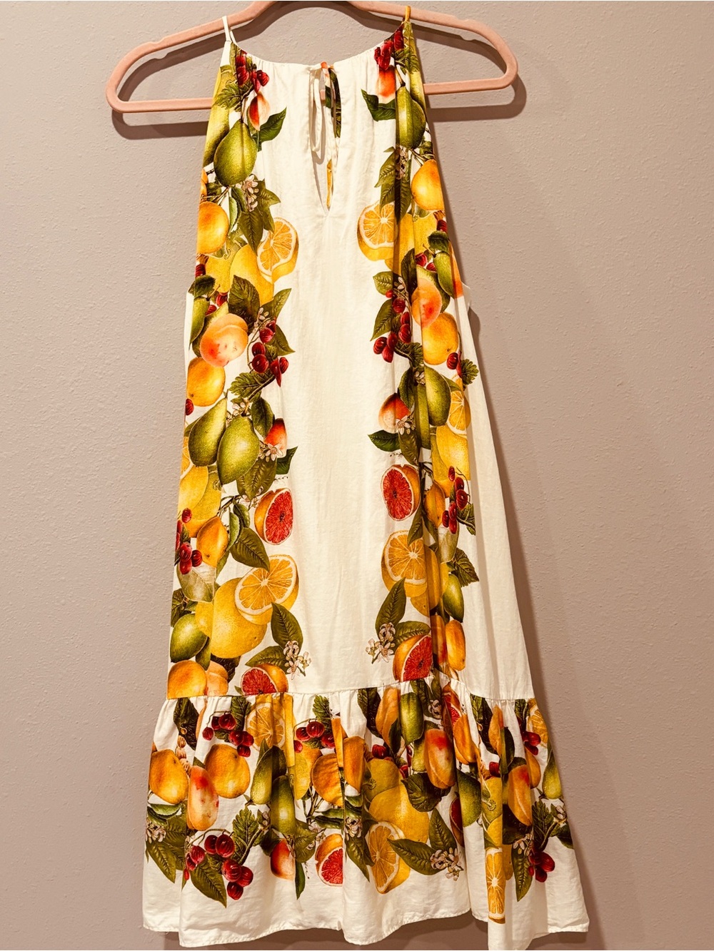 ANTONIO MELANI Halter Neck MIDI Dress Citrus Fruit Ruffle Racerback Summer